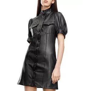 NWT The Kooples Faux Leather Shirt Dress Black Goth Mobwife Parisian Preppy 0/XS
